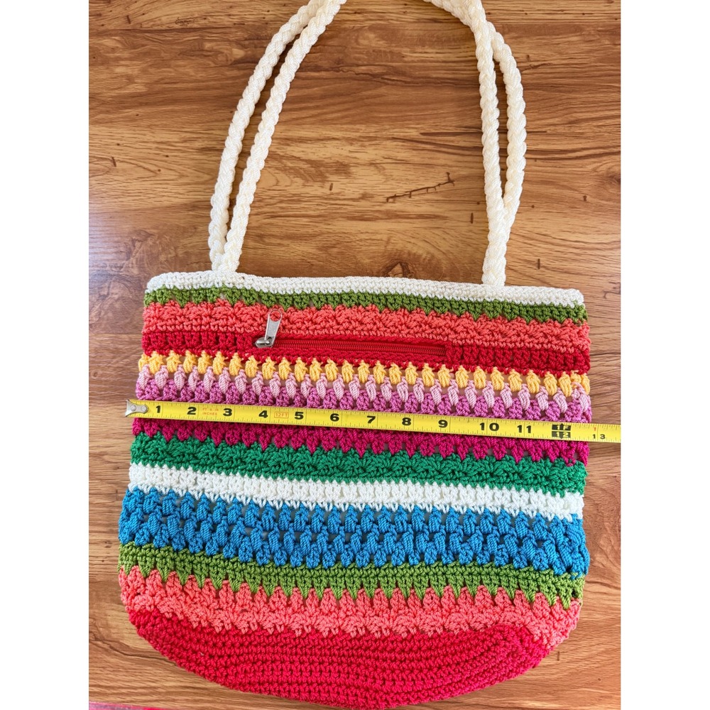Colorful Crochet Tote Bag Lined Zip Pocket Boho Beach Cottagecore Lina - Picture 9 of 11